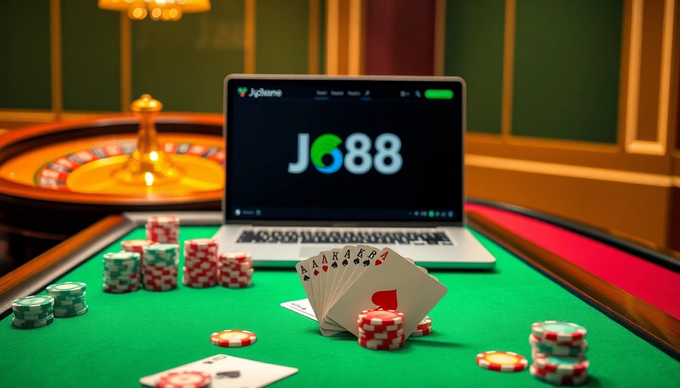 Engage in thrilling gambling action with J88 at a luxurious casino table filled with chips, cards, and a roulette wheel.