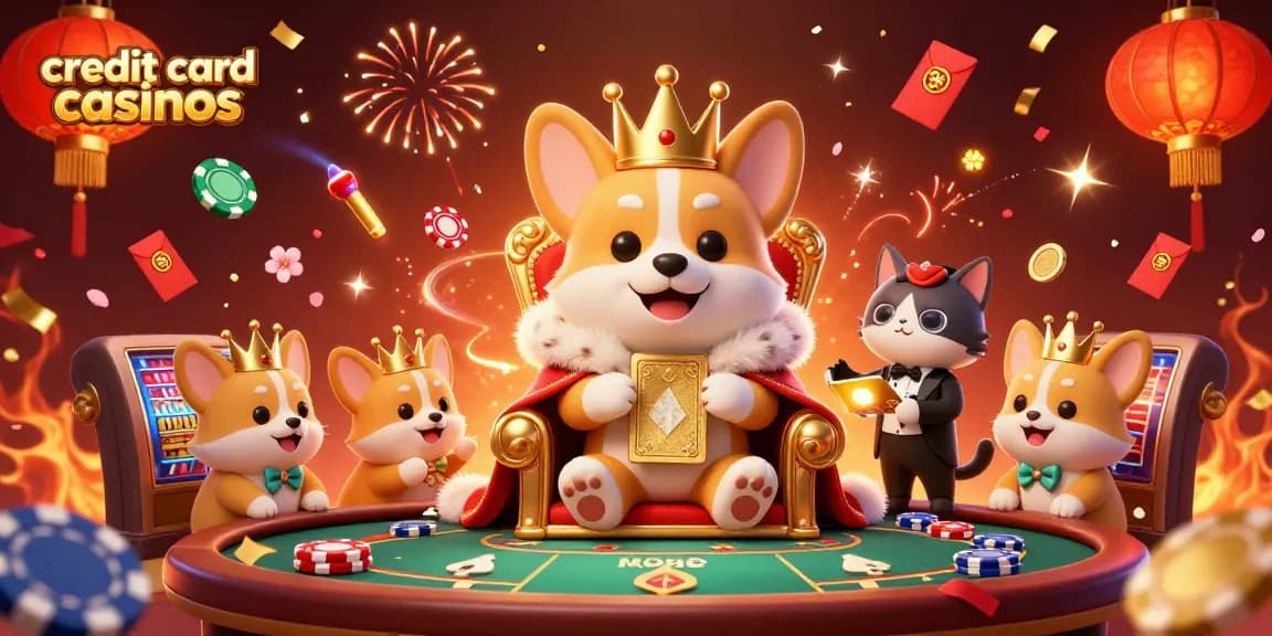 Engage in thrilling action at credit card casinos with a royal corgi presiding over poker games and festive celebrations.