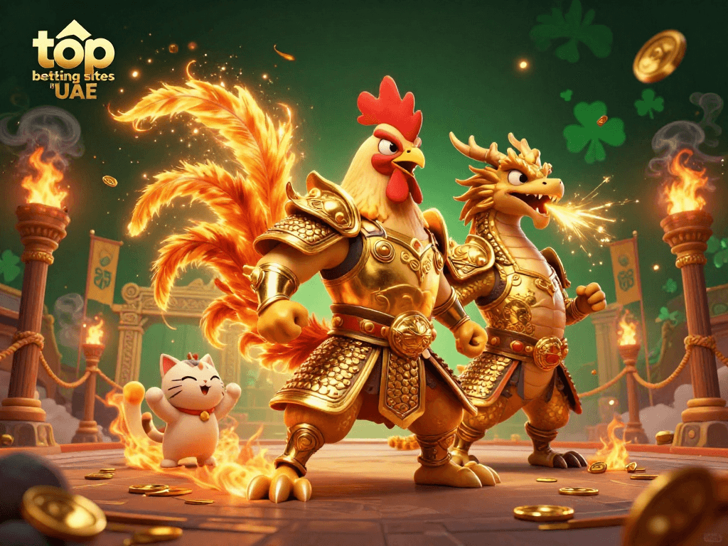 Top betting sites in UAE featuring dynamic characters in a vibrant gambling scene filled with coins and action.