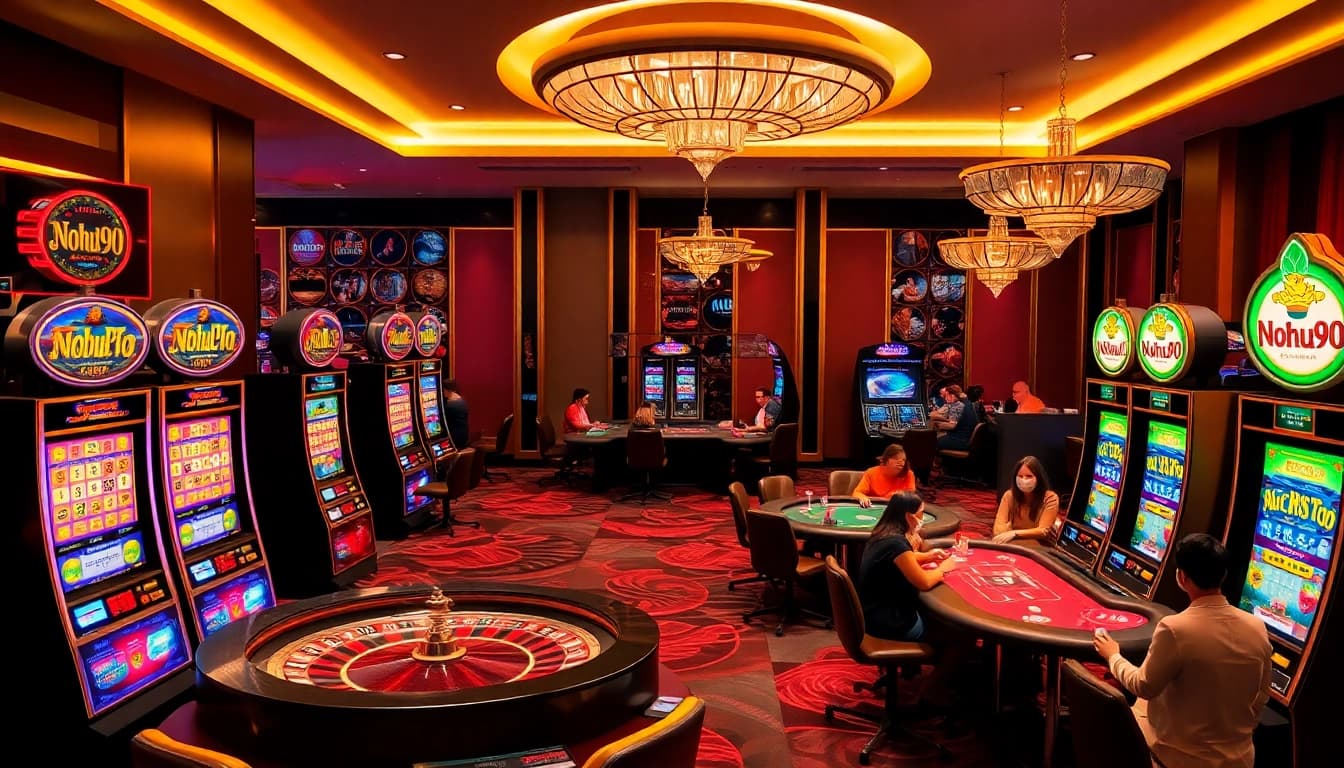 Players spinning the exciting slot machines at Nohu90, surrounded by luxury casino elements.