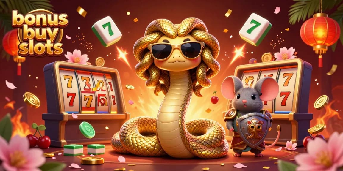 Experience thrilling bonus buy slots action with Medusa and a warrior mouse in a vibrant casino scene.