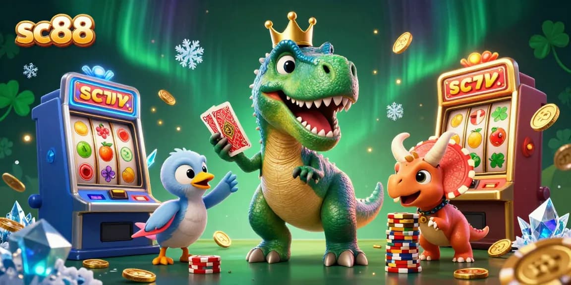 Engage in sc88 slot gaming with cartoon characters competing and celebrating victories amidst vibrant casino elements.