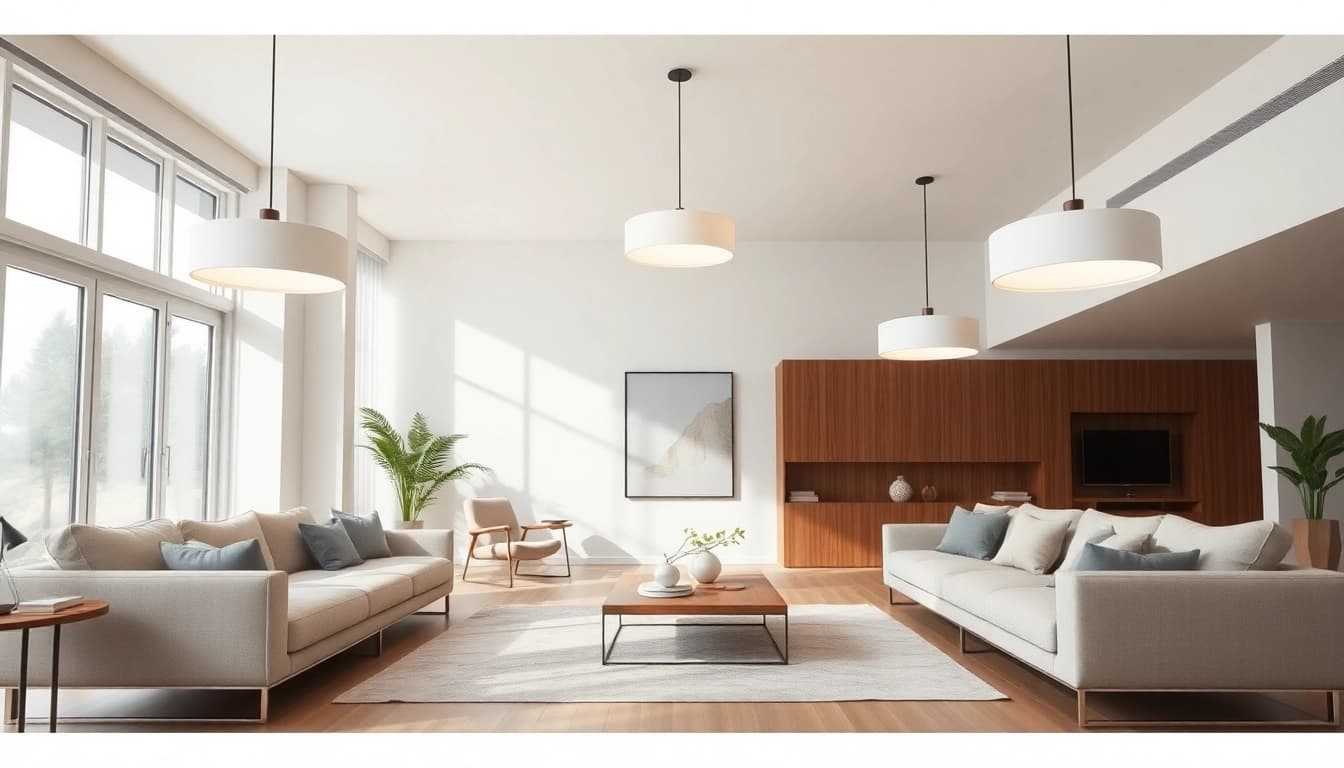 Showcase of modern lighting fixtures illuminating a minimalist living room while enhancing decor - Shop ModernLighting.