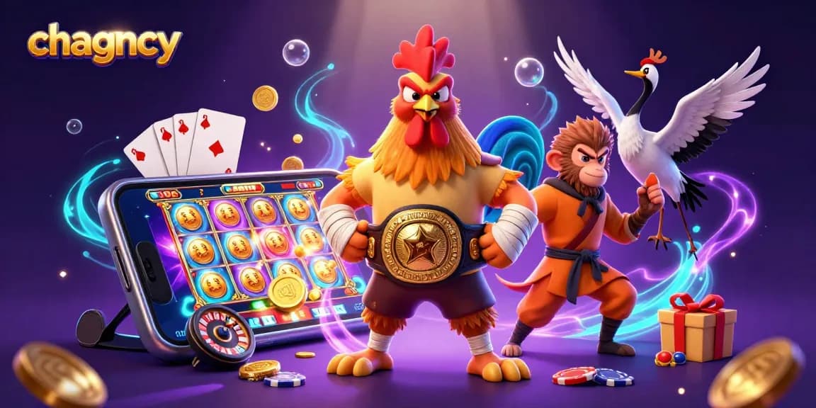 Experience chagency's thrilling slot games with a dynamic scene featuring a Muay Thai rooster and cartoon characters.