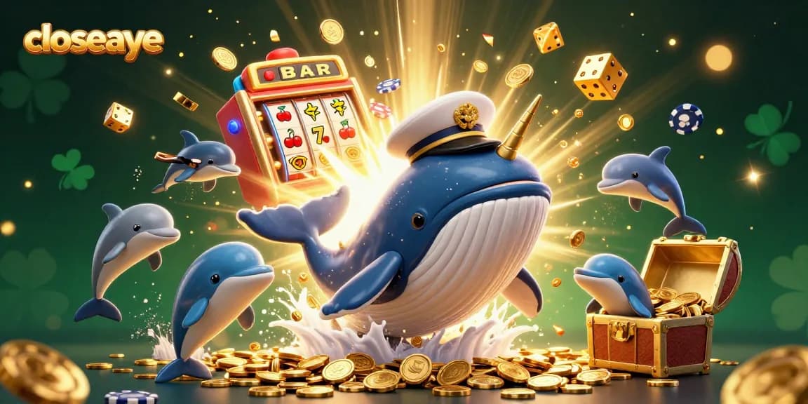 Engage with the stunning 3D cartoon scene at closeaye featuring a whale, narwhal, and dolphins in a vibrant casino setting.