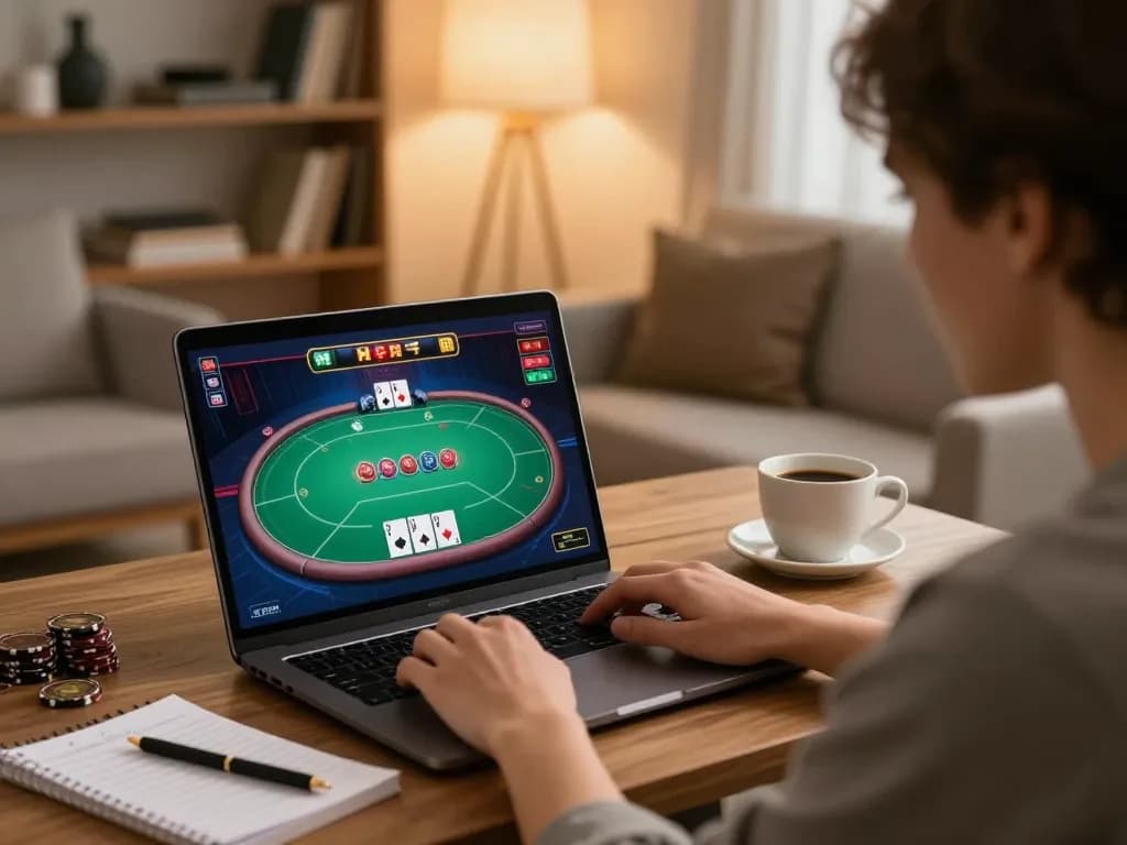 Engaging poker gameplay on mm88 com from a cozy home gaming setup with laptop and notes.