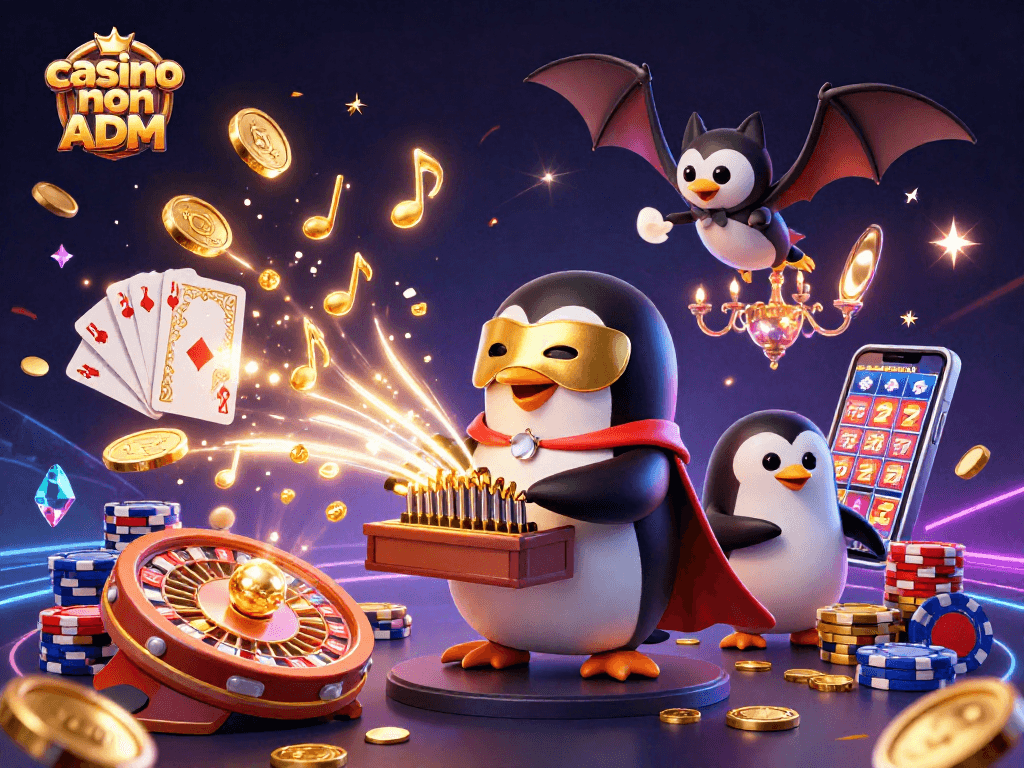 Casino non ADM con un pinguino fantasma che gioca all'organo d'oro mentre guadagna monete d'oro.