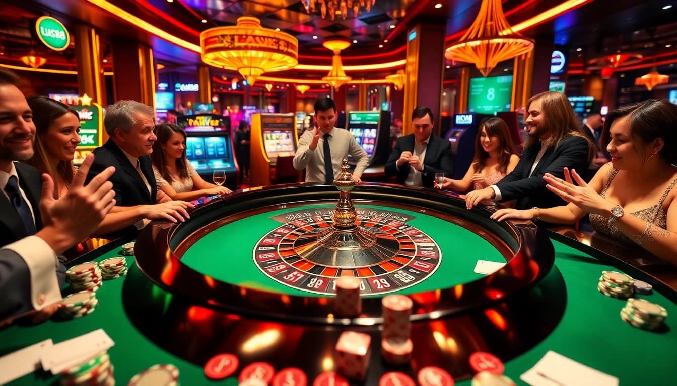 Experience the thrill of Luck8 with vibrant roulette action and excited players enjoying casino games.