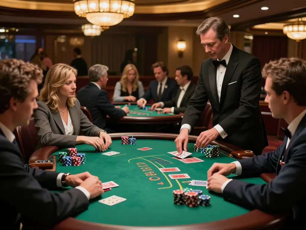 VA88 players engaged at blackjack table, dynamic atmosphere in luxurious casino with dealer and chips.