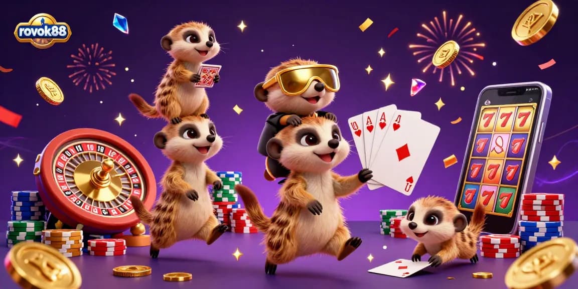 Engage in the vibrant world of rokok88 casino operations with lively meerkats managing the excitement, coin cascades, and poker fun.