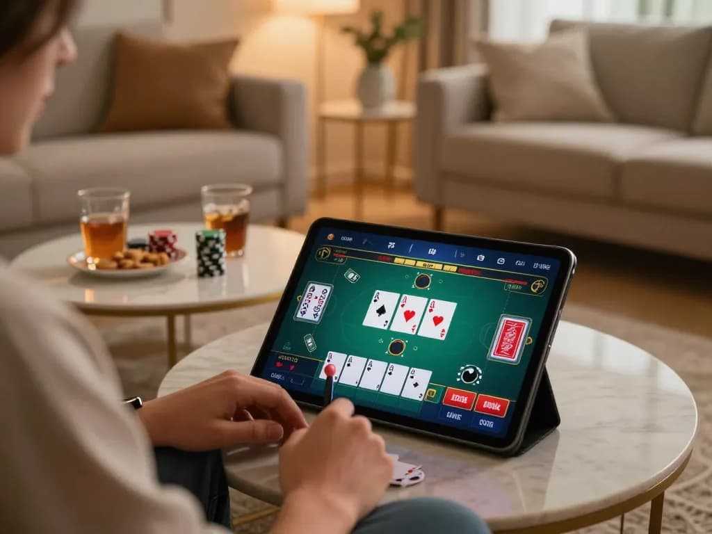 Sunwin online poker gameplay on tablet, warm home atmosphere with cozy decor and gaming snacks.