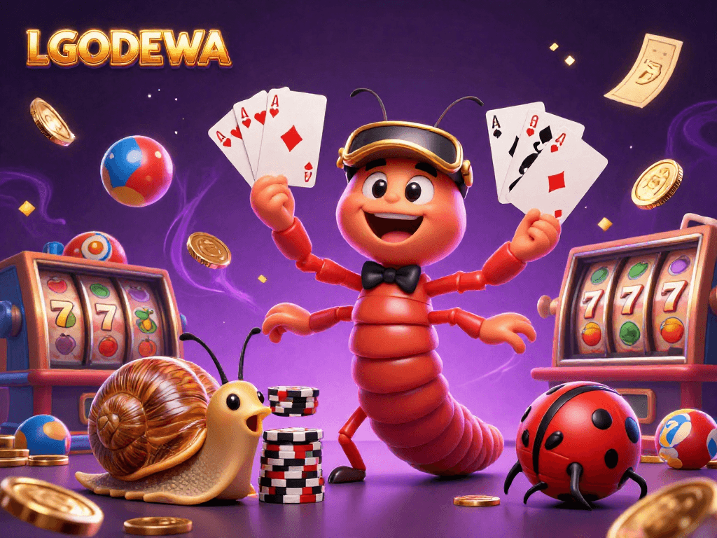 Experience excitement at LGODEWA's colorful casino scene with dynamic characters and gaming elements.