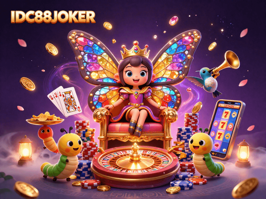 IDC88JOKER enchants players with a vibrant illustration of a casino, featuring a butterfly queen and golden treasures.