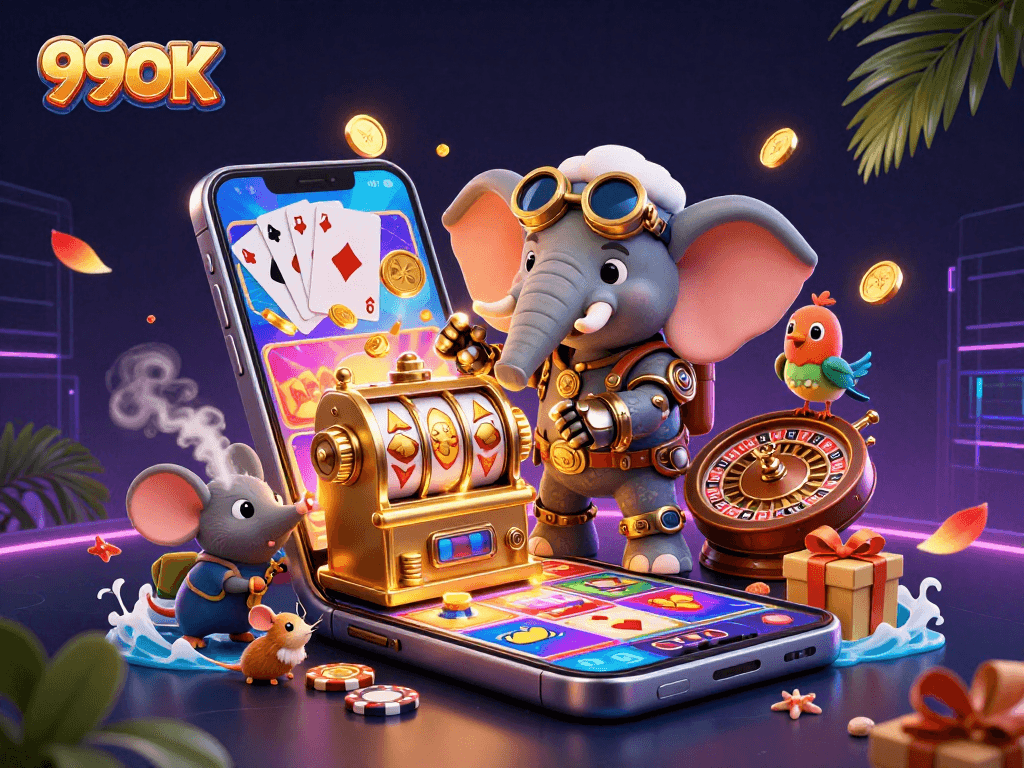 Engage in exciting gaming at 99OK with our steampunk elephant operating a golden slot machine!