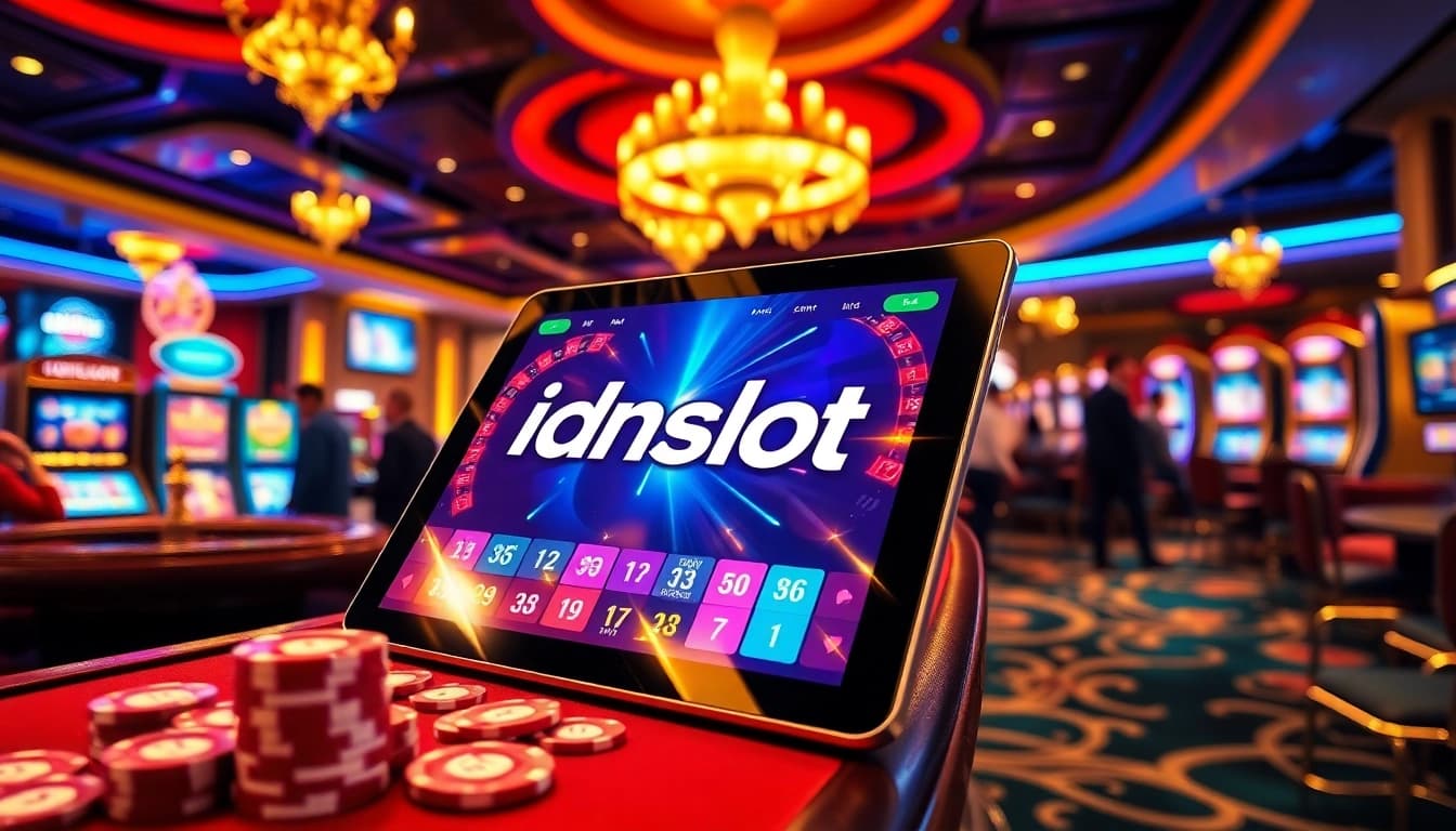 Experience the thrill of idnslot with exciting casino games displayed on a high-tech tablet amidst a vibrant casino atmosphere.