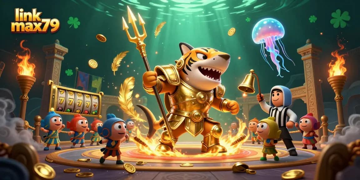 Experience excitement at link max79 with a vibrant 3D underwater casino featuring a tiger shark in gladiator armor.