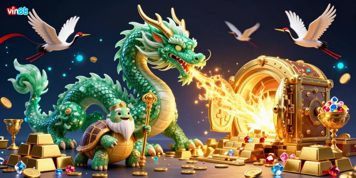 Experience the thrill of link vin88 with a vibrant 3D casino scene featuring a jade dragon and treasures.