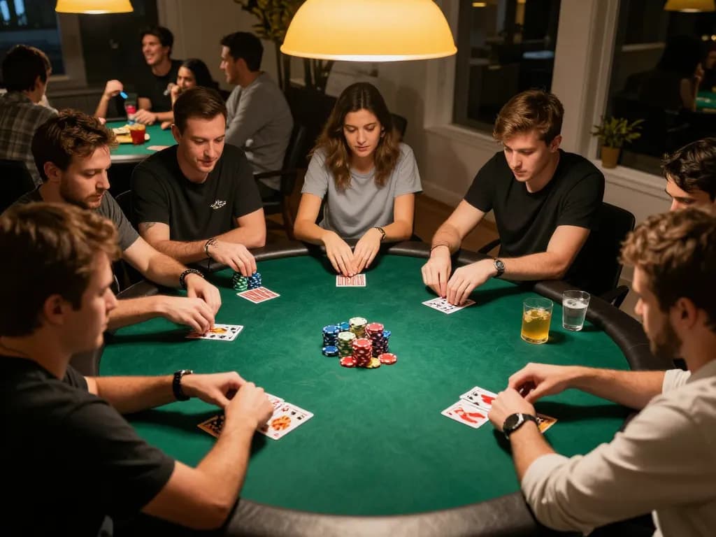 FB88 players engaged in an exciting home poker game, showcasing vibrant chips and strategic gameplay