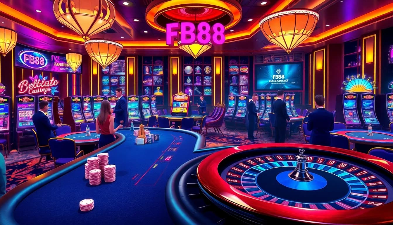 Experience the thrill of FB88's exciting gaming atmosphere with lively casino games and vibrant decor.