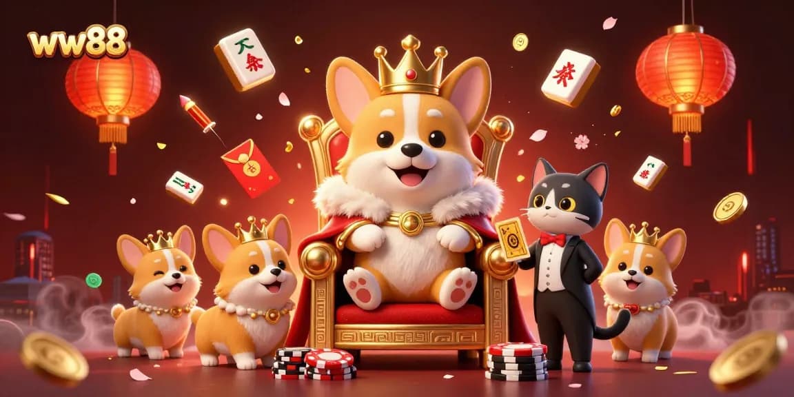 Experience the thrill of ww88 with a royal corgi on its poker chip throne, showcasing exquisite gambling elements.