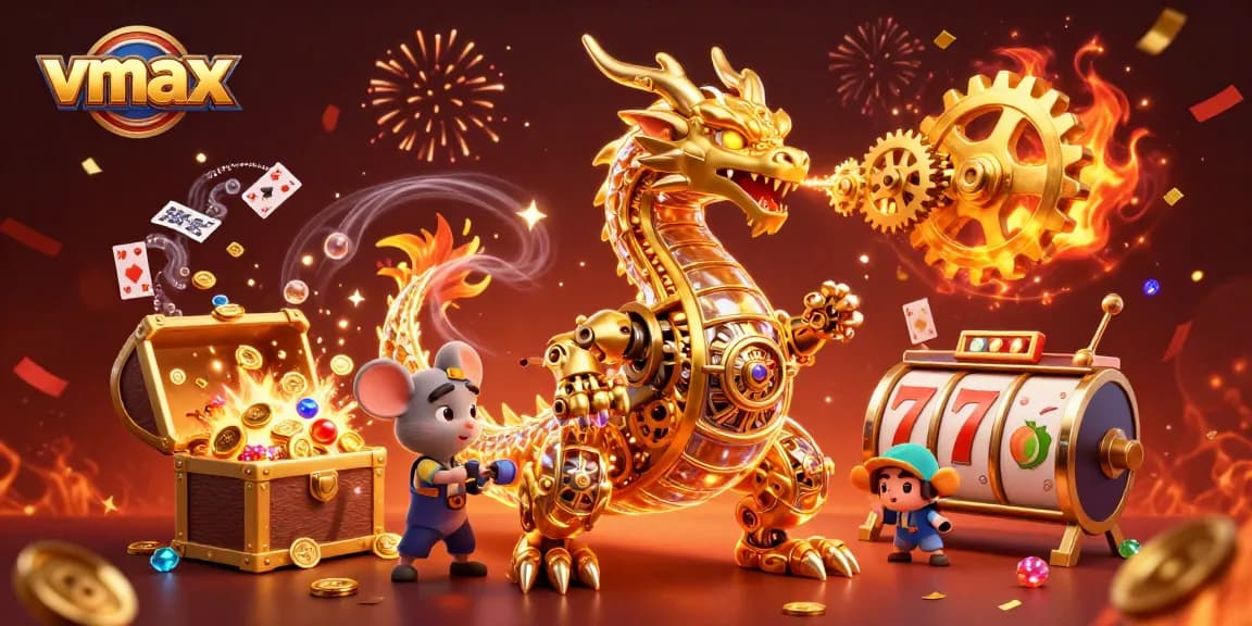Experience thrilling victories at vmax as a golden dragon breathes gears and cogs surrounded by lively casino elements.