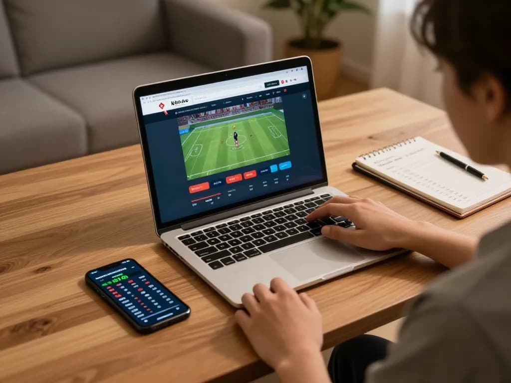 A person engaging with kèo nhà cái online betting odds at a cozy home office.