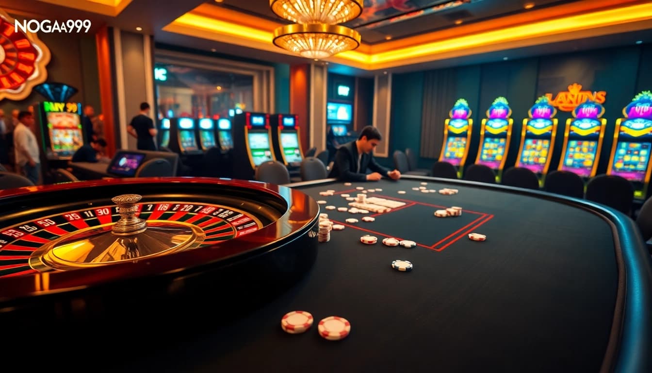Naga99 casino scene with poker table, chips, and roulette in a vibrant atmosphere