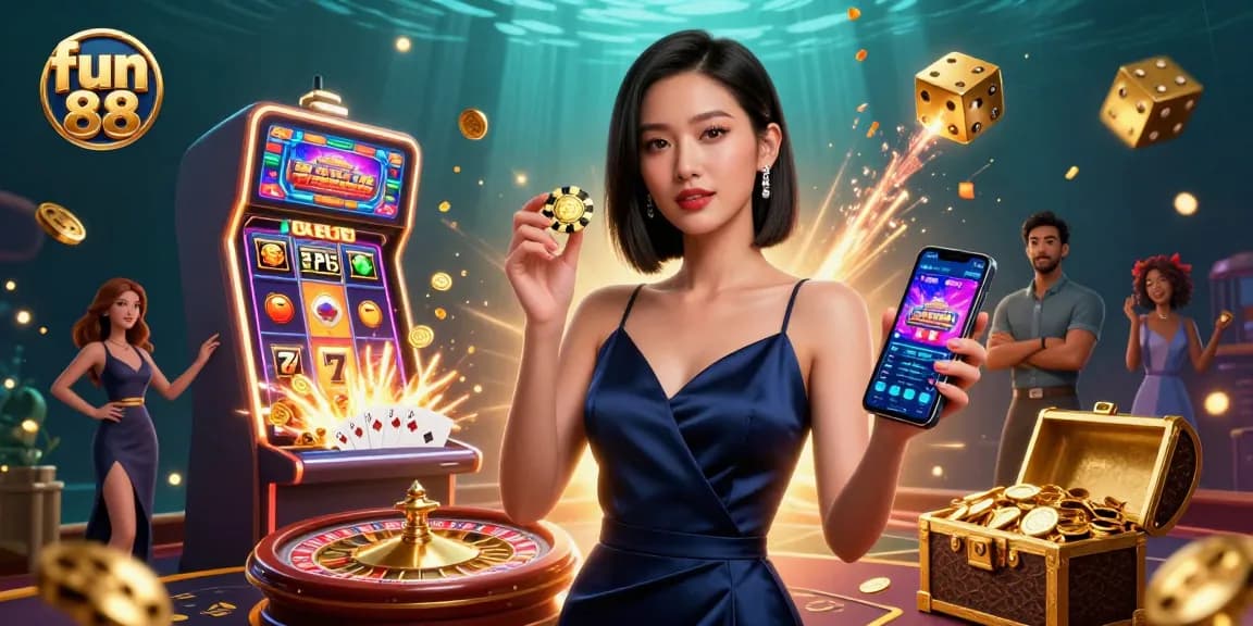 Experience the excitement of fun 88 with a stunning woman showcasing a casino app and golden chip.