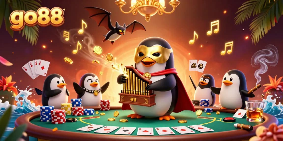 Go88 casino scene with a phantom opera penguin, acrobat bat, and rich poker elements.