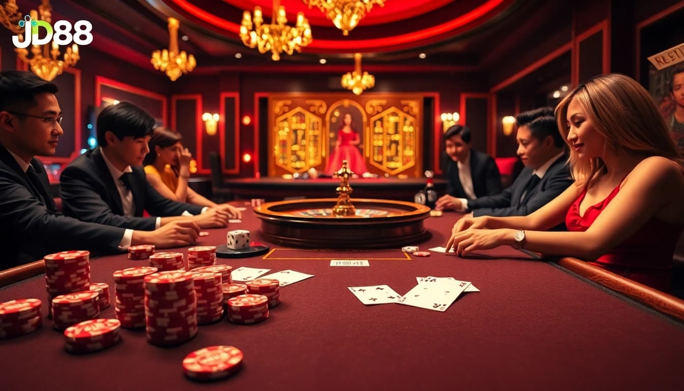 Hoạt động poker cược cao tại bàn chơi sang trọng của Nhà cái JD88 với người chơi tham gia và người chia bài trực tiếp.