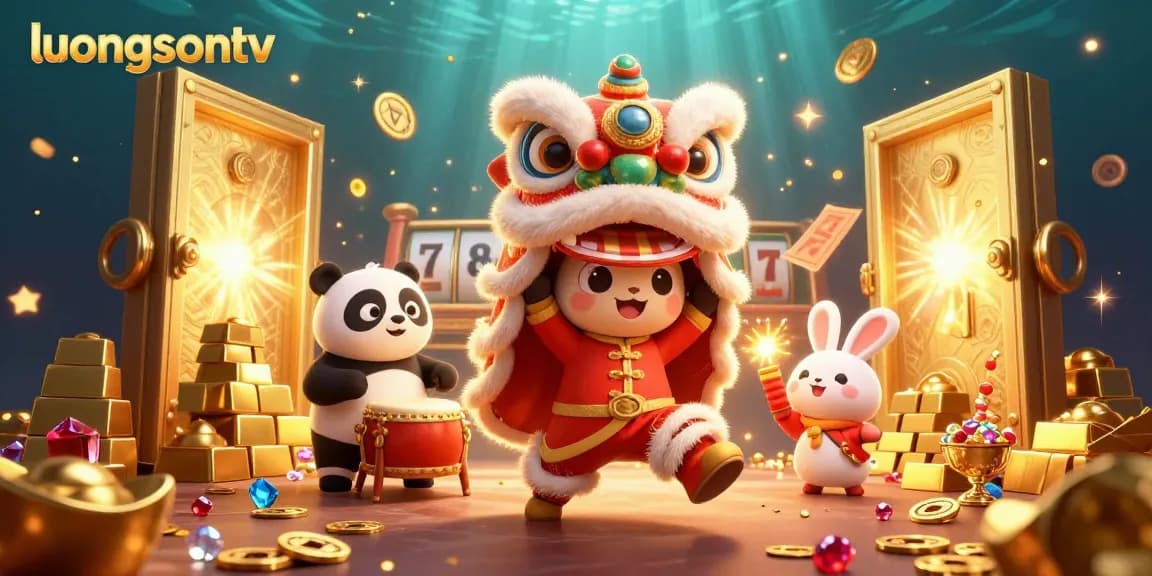 Win big with luongsontv in a vibrant casino scene featuring a lion dance and festive gambling elements.