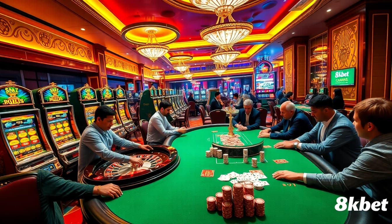 Experience the excitement of 8kbet with players enjoying live poker and roulette in a luxurious casino setting.