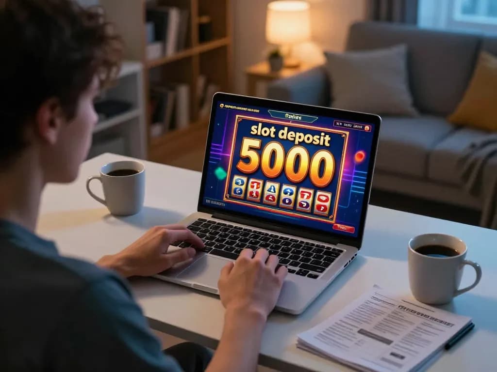 Engaging player enjoying a slot deposit 5000 game on laptop with coffee and notes.