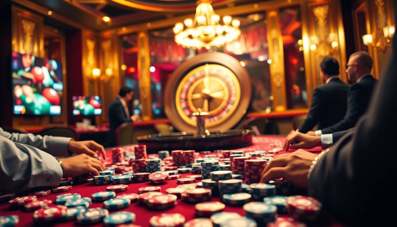 Cakhiatv engaging poker players in a luxurious casino atmosphere with vibrant Roulette wheel.