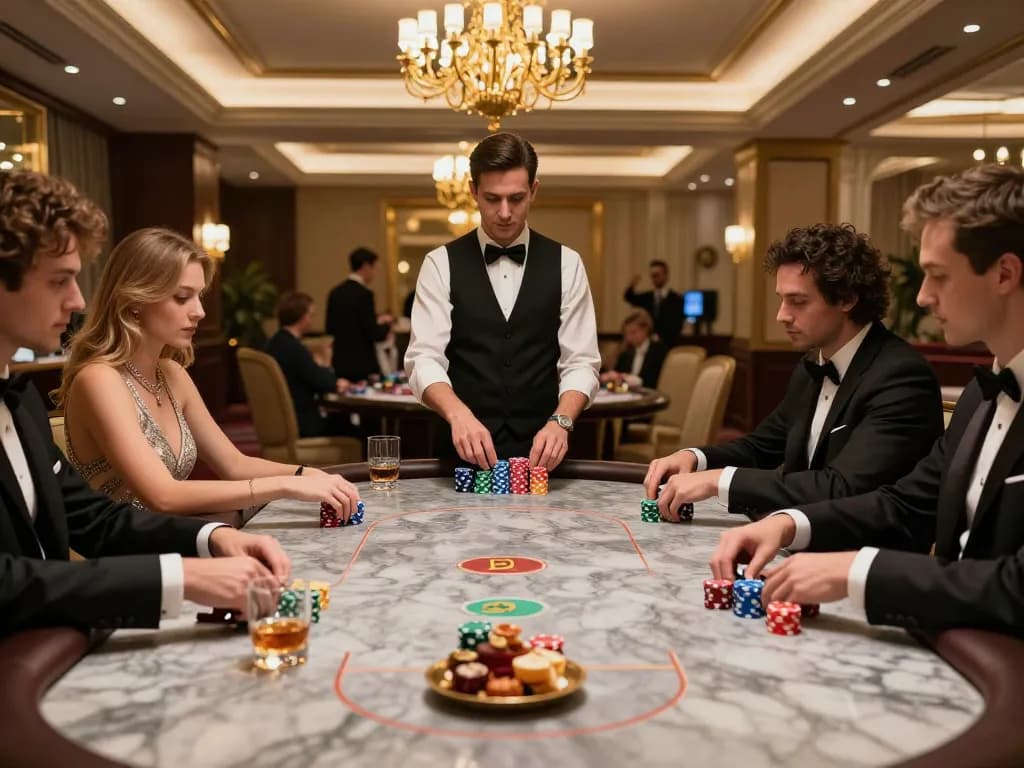 Players engaging in high-stakes poker at a luxury casino VIP room, showcasing an MB66 thrilling gaming experience.