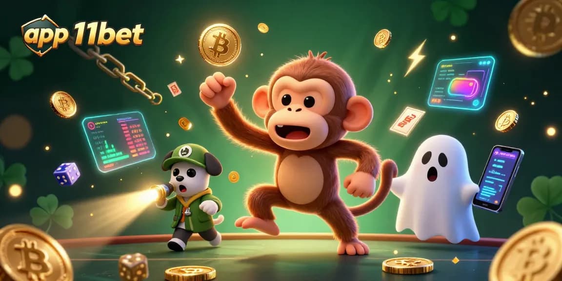 Engage with the app 11bet in a thrilling casino setting featuring playful characters.
