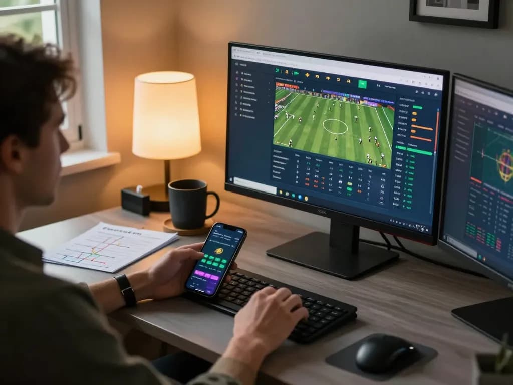 Person engaging in sports betting on multiple screens, showcasing 79king's live odds interface and strategy notes.