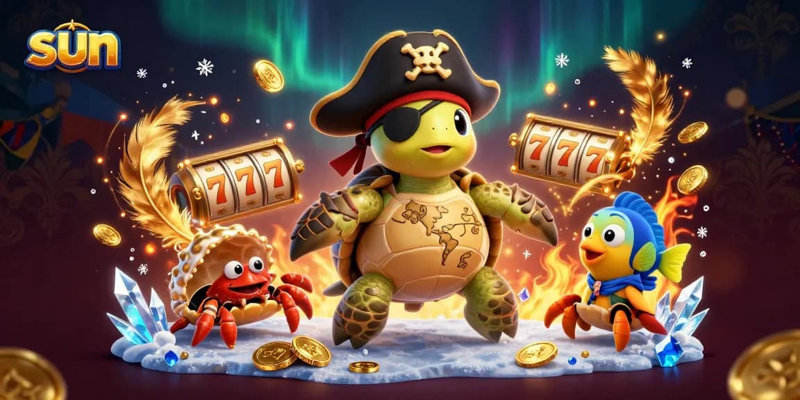 Spin the reels and win as the sun sets over the treasure, featuring animated casino characters and gold tokens.