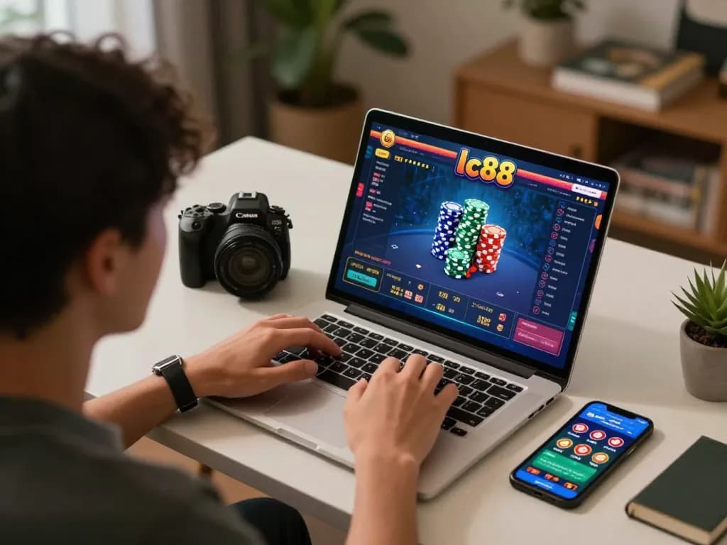 Engaging in online gaming at lc88 with vibrant chips and betting interface on laptop