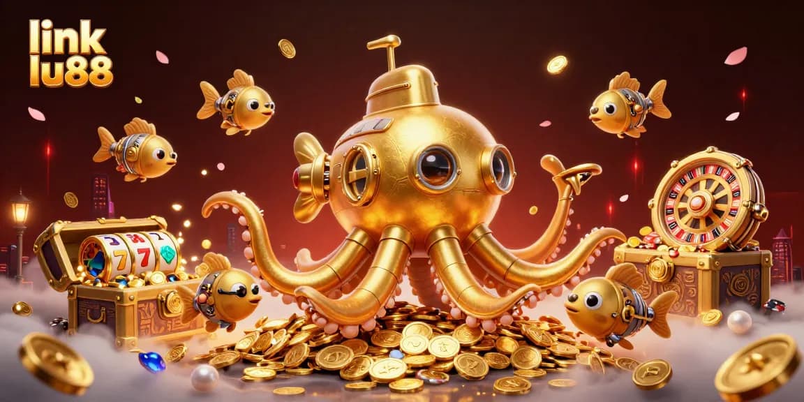 Experience excitement at link lu88 with thrilling slot games and a golden kraken in a fantasy scene.