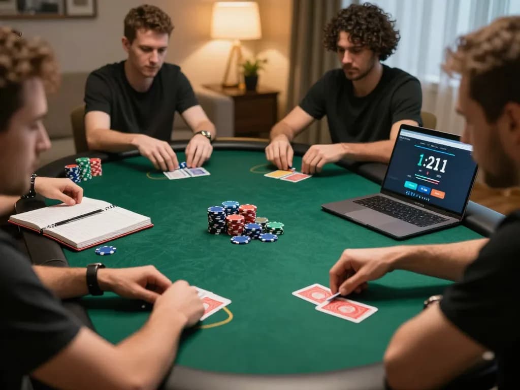 Players strategizing and betting in SC88 online poker game at home.