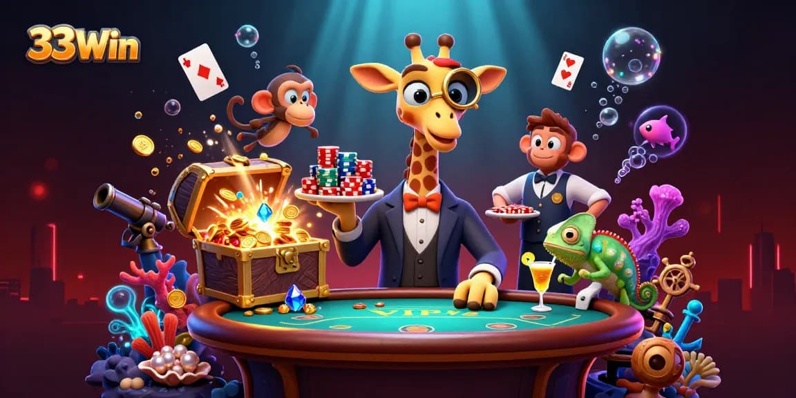 Experience 33Win's vibrant casino atmosphere with high-roller giraffe, chips, and cocktails