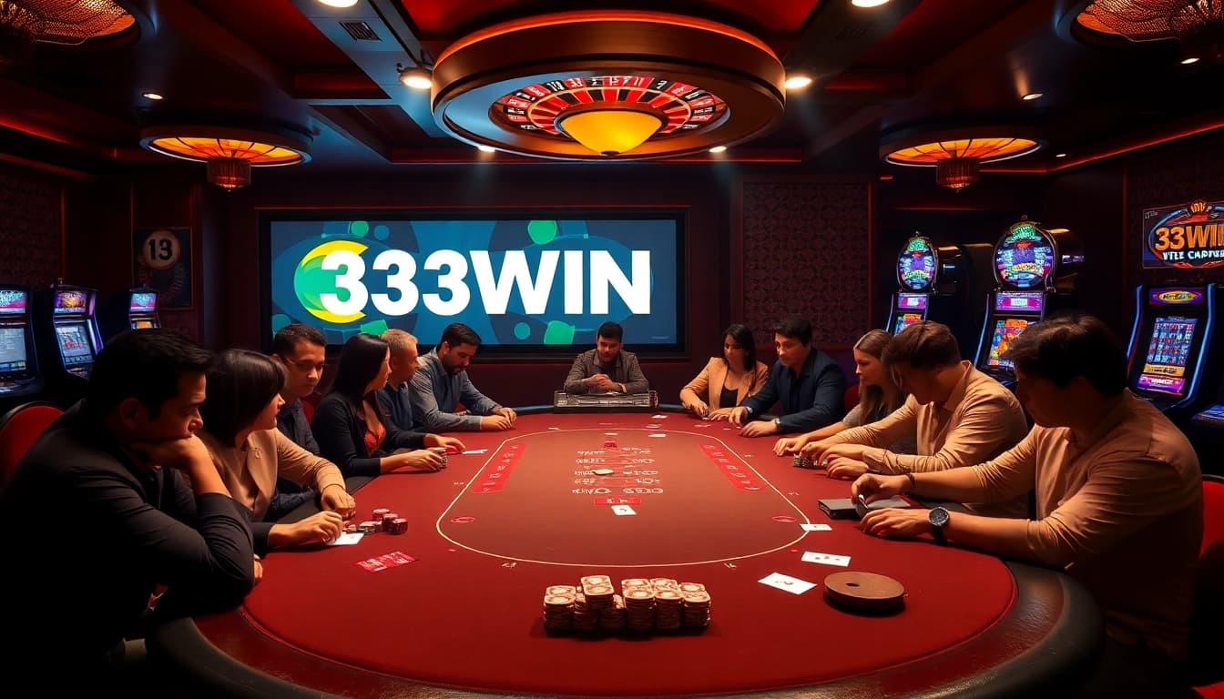 Experience the excitement of 33WIN at a luxurious casino poker table with vibrant chips and cards.