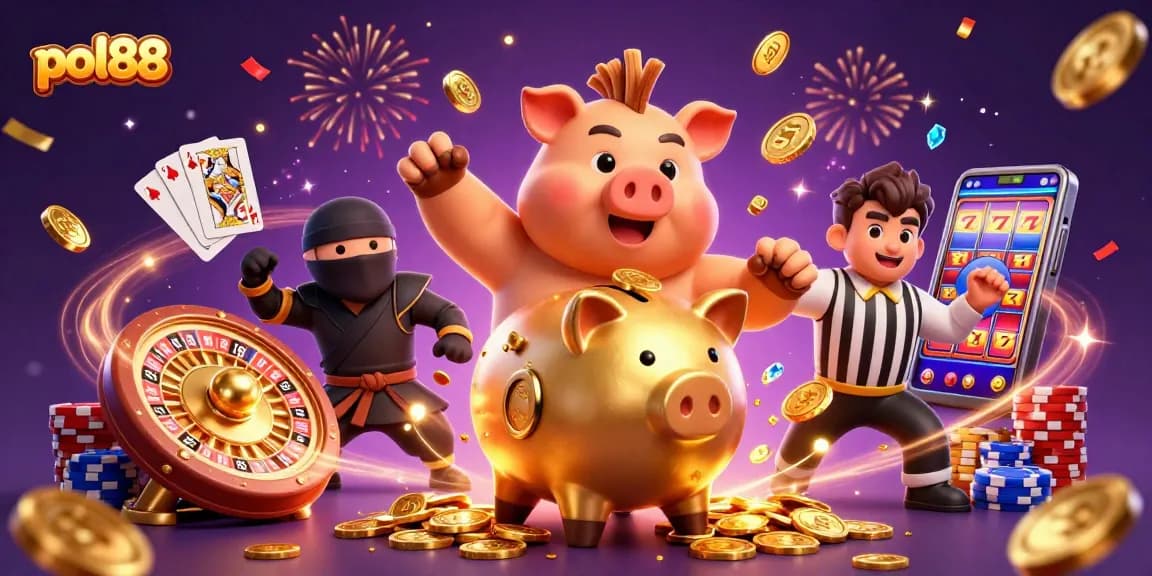 Mengguncang banyak koin emas, pol88 menampilkan pegulat sumo celengan emas raksasa dan karakter lainnya di kasino.