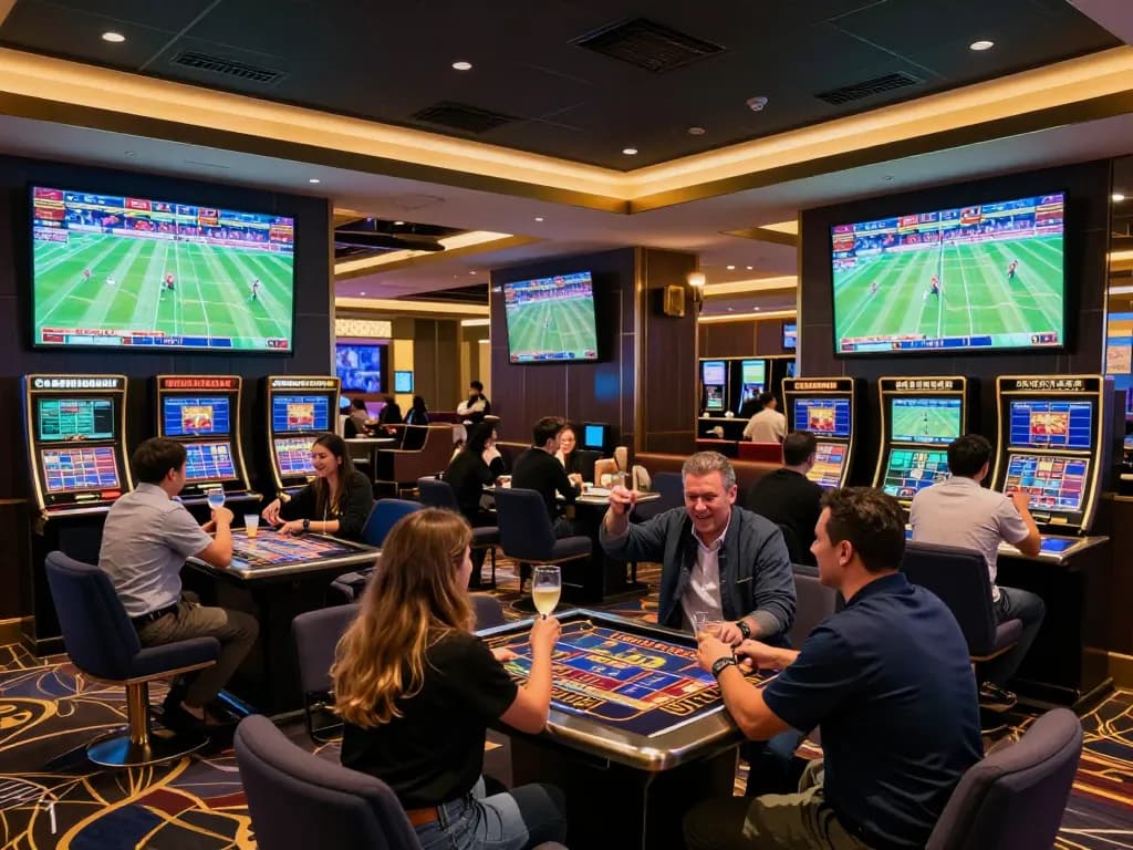 Fans engaged in sports betting excitement at lu88. com, interactive screens displaying live events.