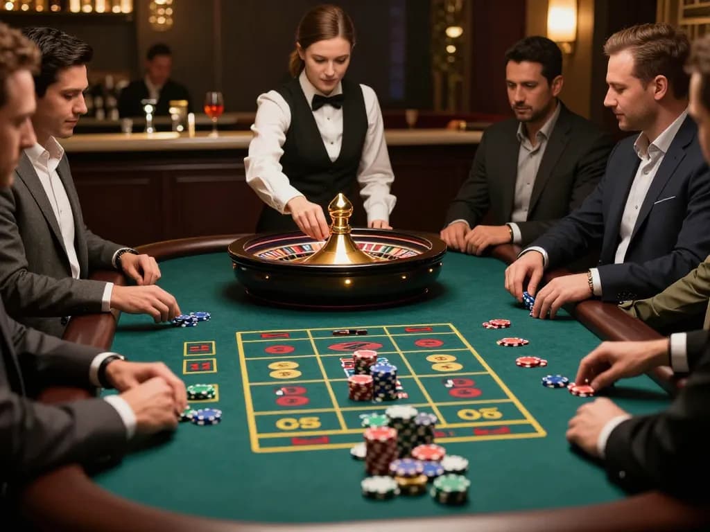 Excited players at NK88 place bets at a vibrant roulette table in a luxurious casino atmosphere