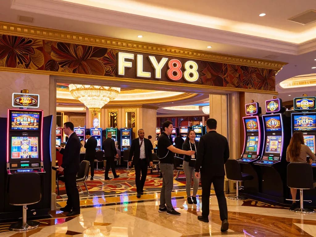 Entrance scene of trang chủ FLY88 with excited guests arriving at upscale casino.