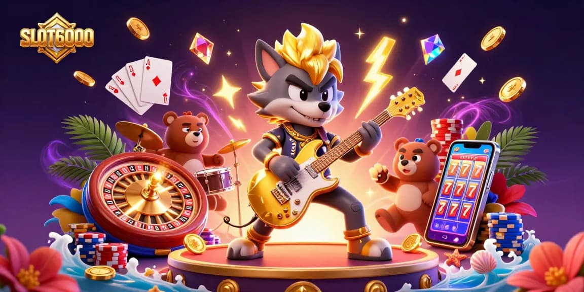 SLOT6000 shows a rock star wolf and drummer bear celebrating on a vibrant casino stage, surrounded by dynamic game elements.
