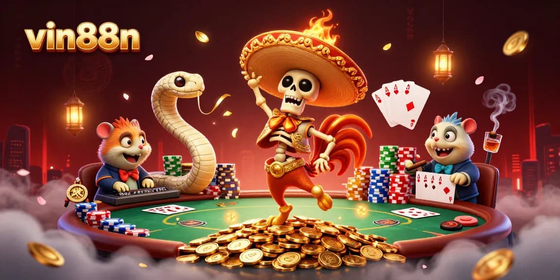 Engage with vin88n as the mariachi rooster celebrates on coins, surrounded by poker elements and festive decor.