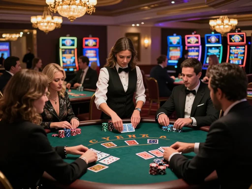 Players enjoying an exciting blackjack game at a luxurious casino, focusing on winning strategies with 789WIN.